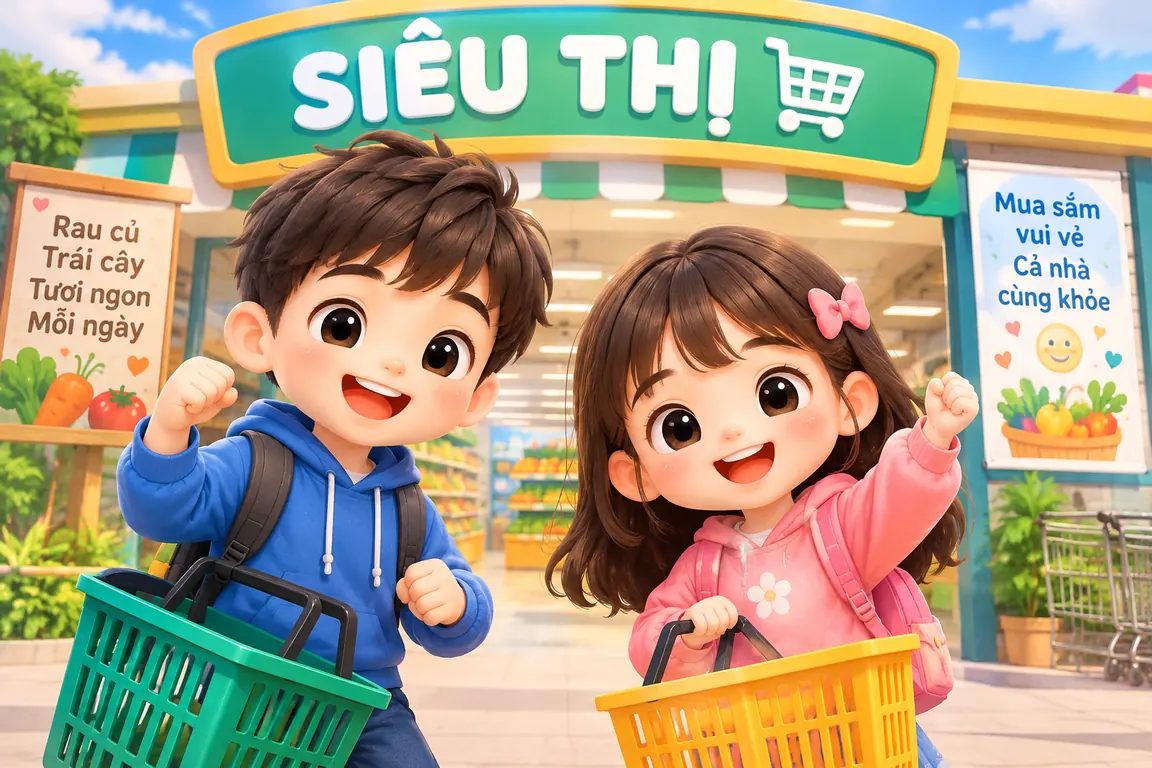 Hai bạn nhỏ chào đón trước cửa siêu thị