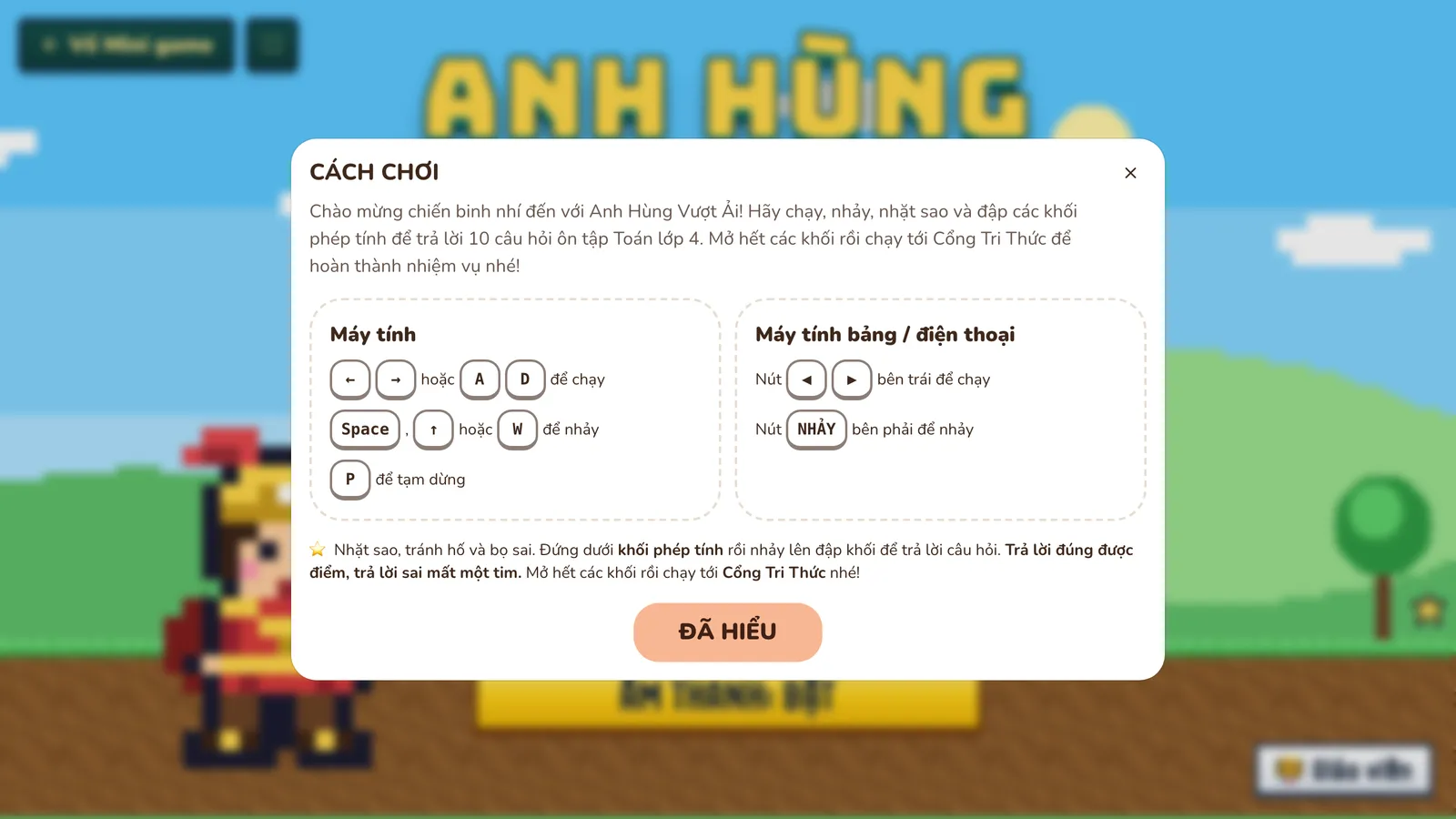 Hộp thoại CÁCH CHƠI trên màn mở đầu Anh Hùng Vượt Ải: phím chạy, nhảy, tạm dừng trên máy tính; nút chạy và nút NHẢY trên máy tính bảng, điện thoại; luật chơi và nút ĐÃ HIỂU.