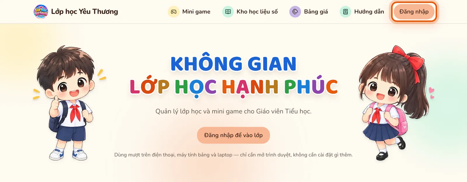Trang chủ Lớp học Yêu Thương, nút Đăng nhập ở góc trên bên phải được khoanh.
