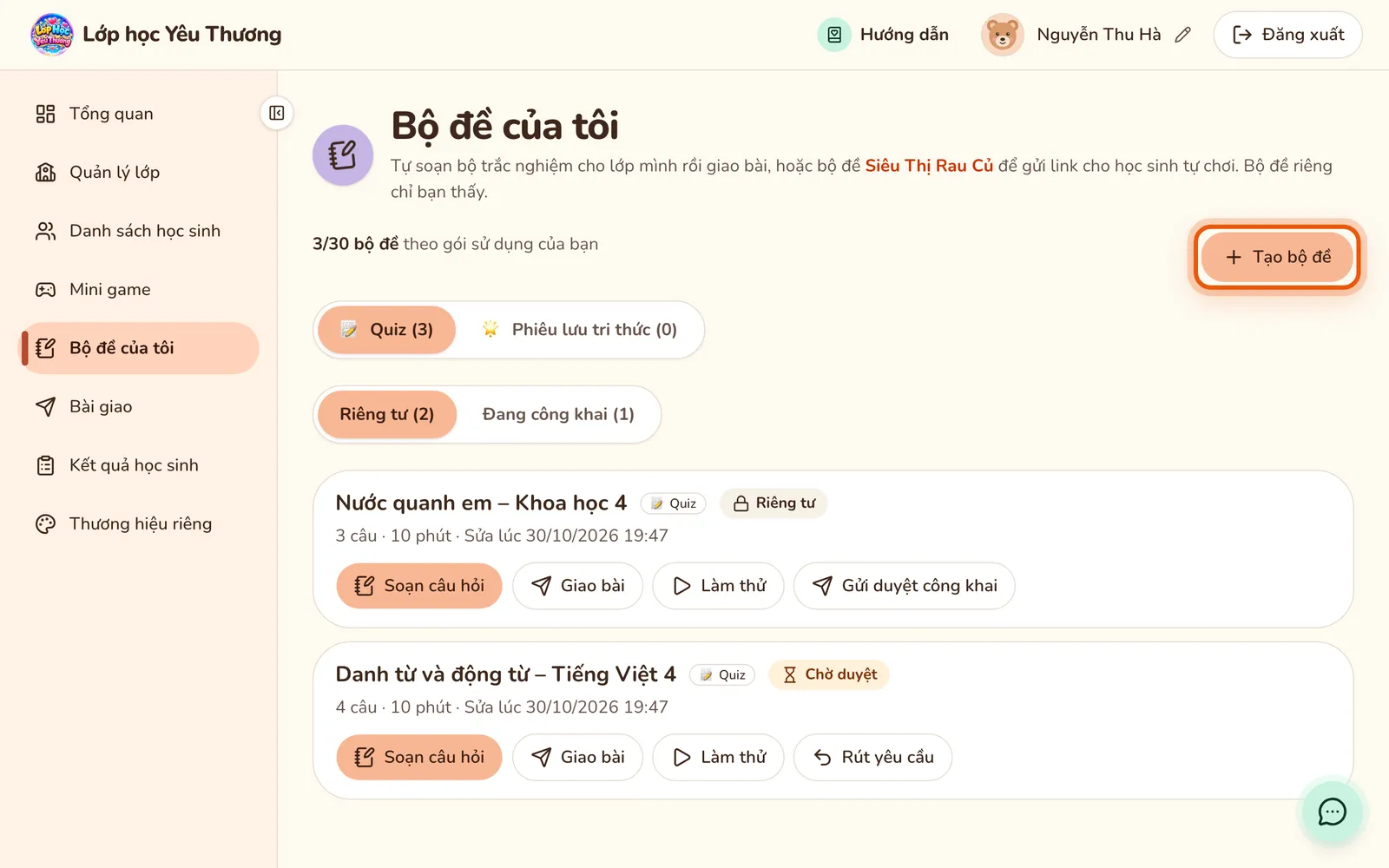 Trang Bộ đề của tôi với hai bộ đề riêng tư, dòng đếm số bộ đề theo gói và nút Tạo bộ đề được khoanh.