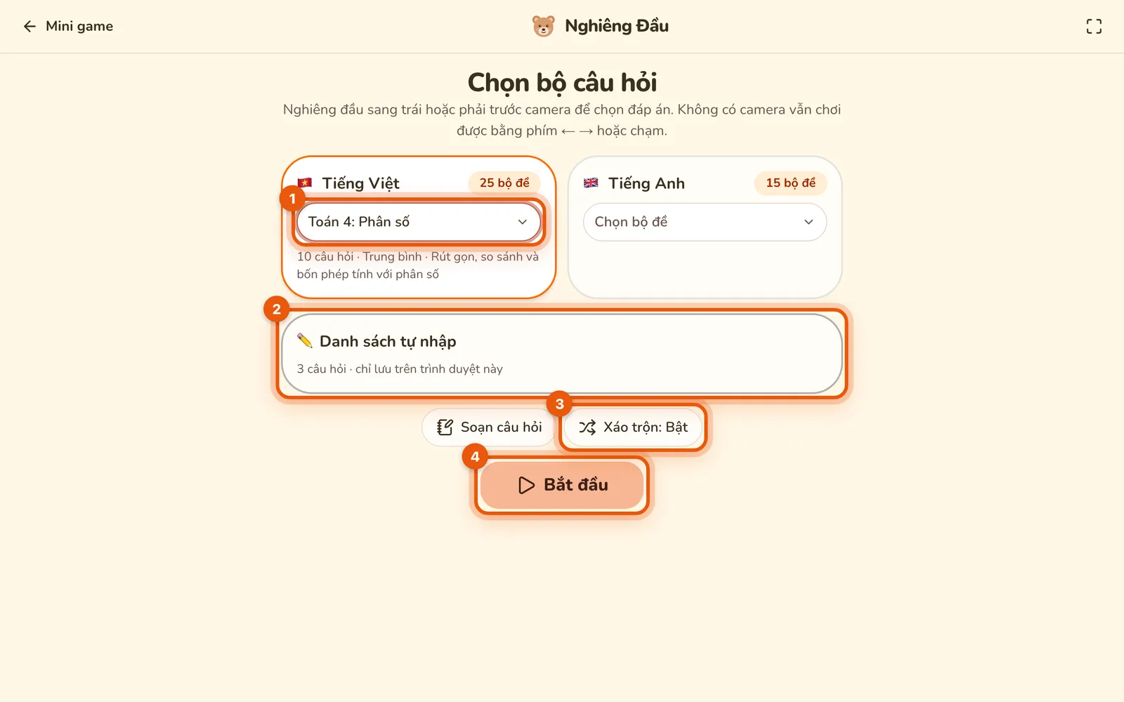Màn Chọn bộ câu hỏi của Nghiêng Đầu: bộ đề Toán 4: Phân số đang được chọn ở ô Tiếng Việt, bên dưới là Danh sách tự nhập, nút Xáo trộn: Bật và nút Bắt đầu, mỗi chỗ có số thứ tự.