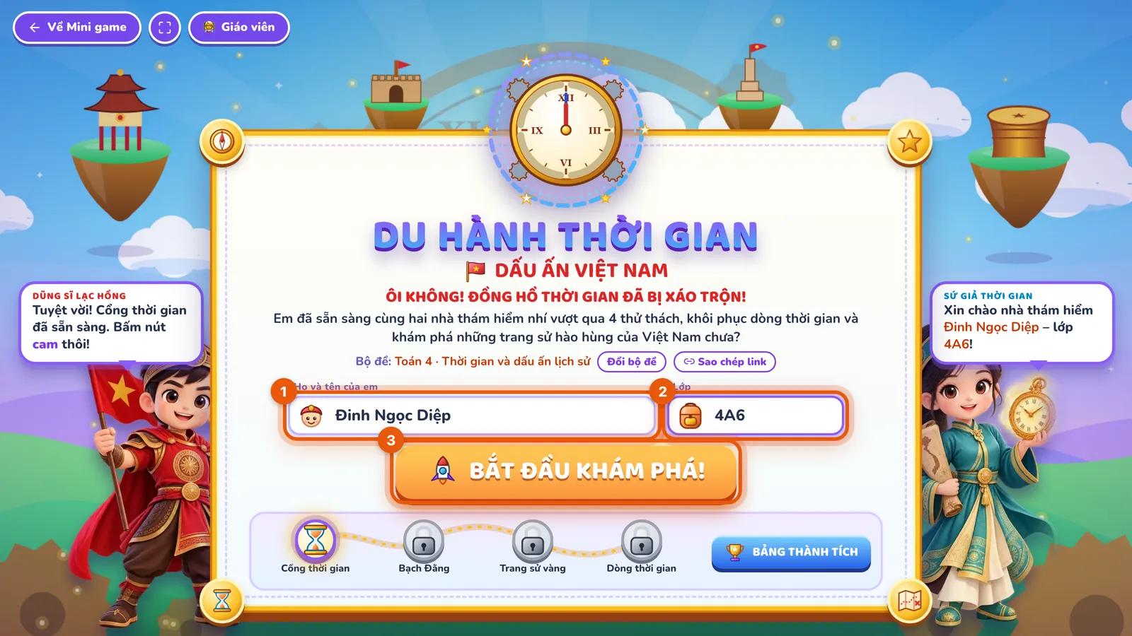 Màn mở đầu Du Hành Thời Gian với bộ đề Toán 4 · Thời gian và dấu ấn lịch sử, hai nhân vật hai bên. Số 1 khoanh ô Họ và tên của em (Đinh Ngọc Diệp), số 2 khoanh ô Lớp (4A6), số 3 khoanh nút BẮT ĐẦU KHÁM PHÁ!