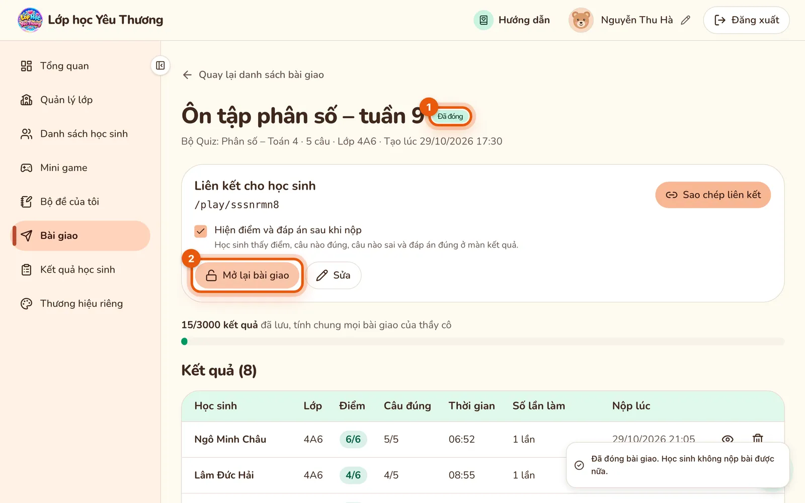 Trang bài giao đã đóng: nhãn Đã đóng cạnh tên bài và nút Mở lại bài giao được đánh số.