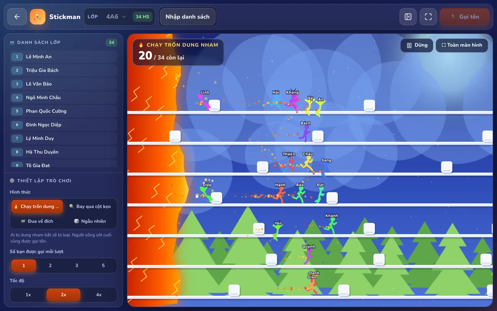 Stickman ở hình thức Chạy trốn dung nham: các người que chạy trên nhiều làn, dung nham đuổi phía sau, góc trên ghi 20 / 34 còn lại.