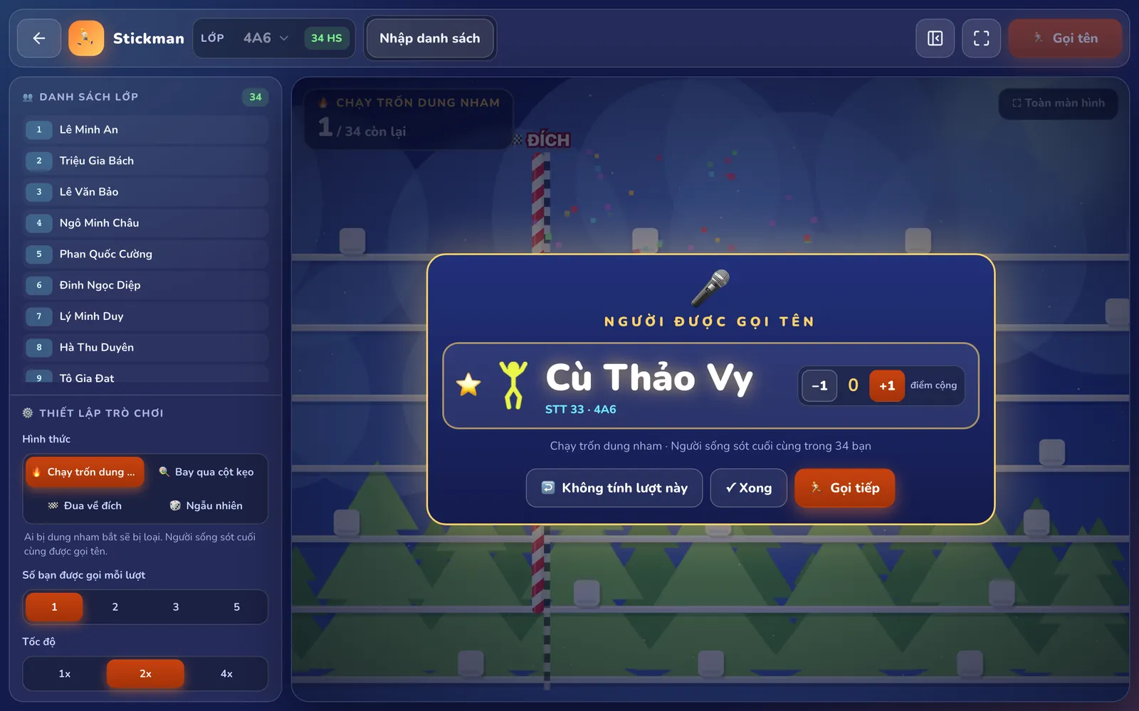 Thẻ NGƯỜI ĐƯỢC GỌI TÊN của Stickman: Cù Thảo Vy, STT 33 · 4A6, dòng "Chạy trốn dung nham · Người sống sót cuối cùng trong 34 bạn", điểm cộng và các nút.