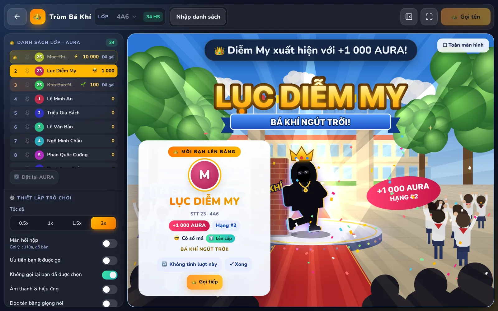 Thẻ MỜI BẠN LÊN BẢNG của Trùm Bá Khí: Lục Diễm My, STT 23 · 4A6, +1 000 AURA, Hạng #2, danh hiệu Có số má kèm Lên cấp; bên trái là danh sách lớp xếp theo AURA.