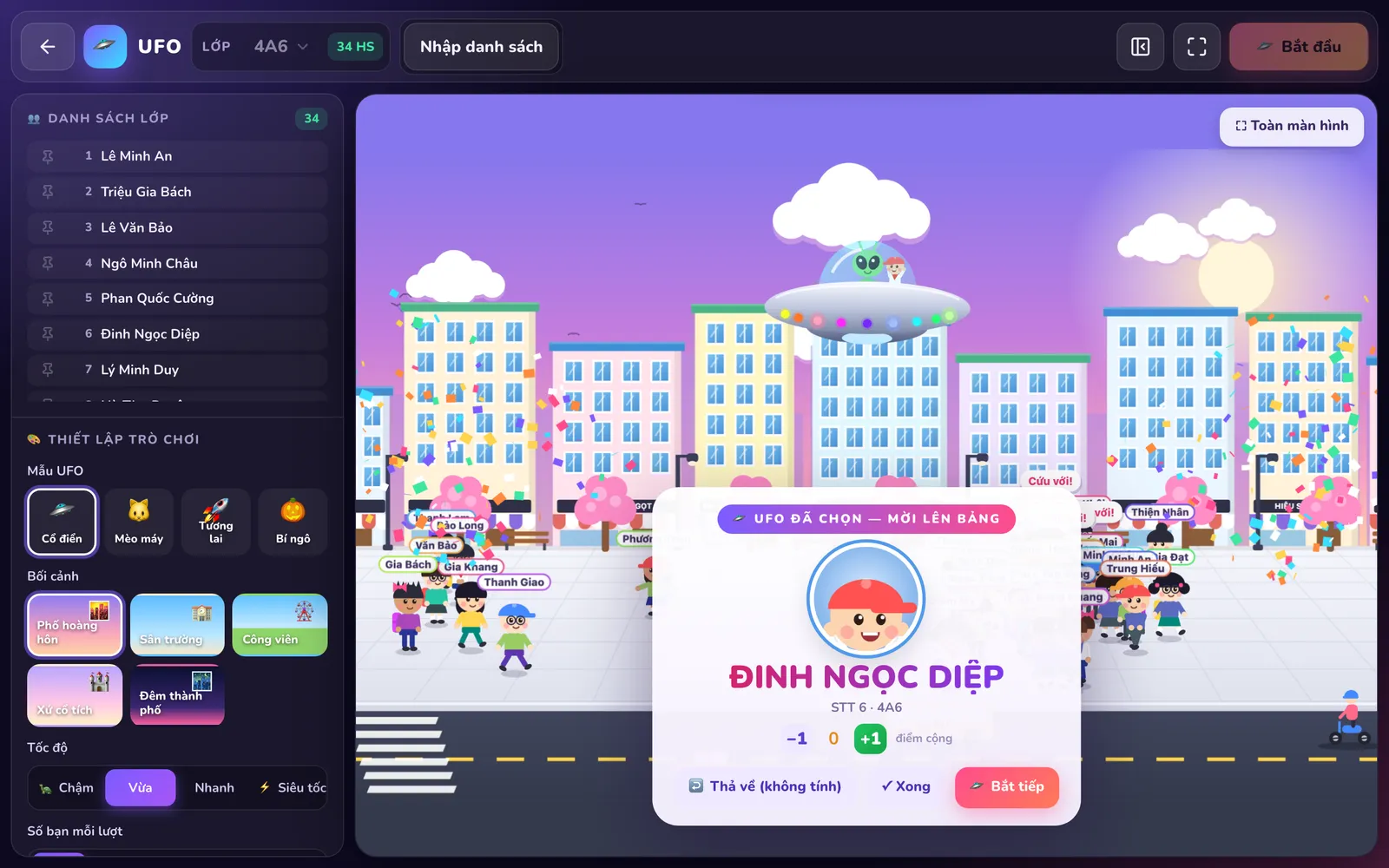 Thẻ UFO ĐÃ CHỌN — MỜI LÊN BẢNG: chân dung và tên Đinh Ngọc Diệp, STT 6 · 4A6, điểm cộng và ba nút Thả về (không tính), Xong, Bắt tiếp.