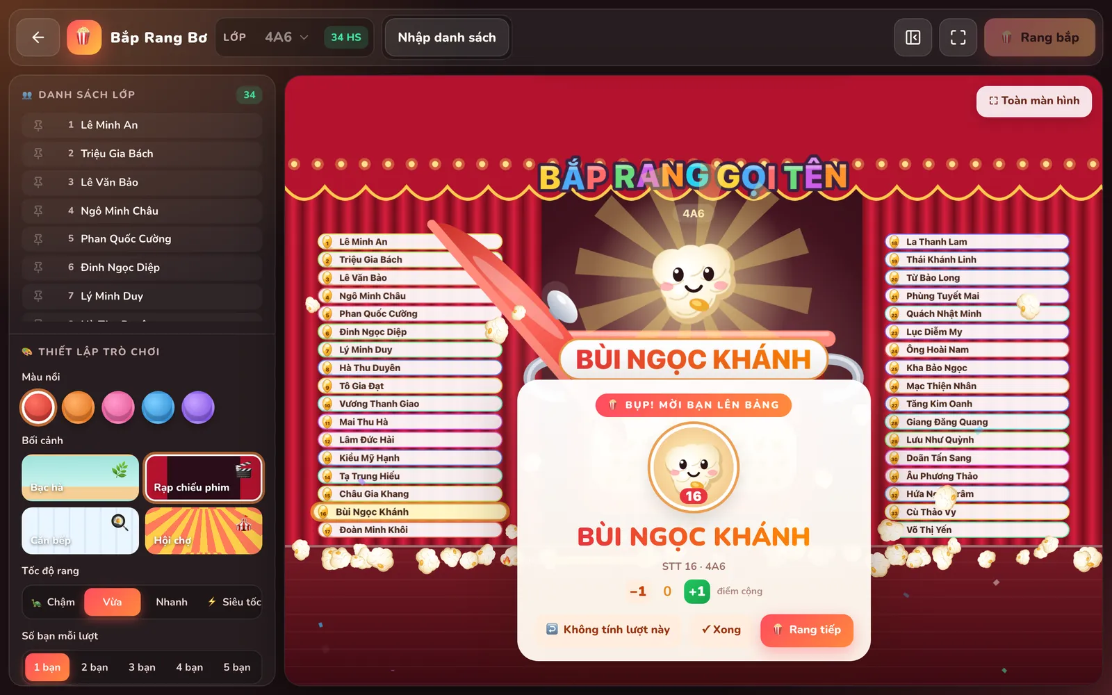 Thẻ BỤP! MỜI BẠN LÊN BẢNG của Bắp Rang Bơ: hạt bắp số 16 và tên Bùi Ngọc Khánh, STT 16 · 4A6, điểm cộng và ba nút Không tính lượt này, Xong, Rang tiếp.