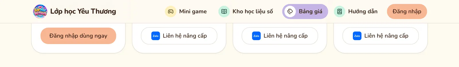 Mục Nâng cấp trong 3 bước trên Bảng giá: Nhắn Zalo, Admin đổi gói, Dùng ngay; bên dưới là nút Nhắn Zalo ở mục Hỗ trợ & Liên hệ được khoanh.