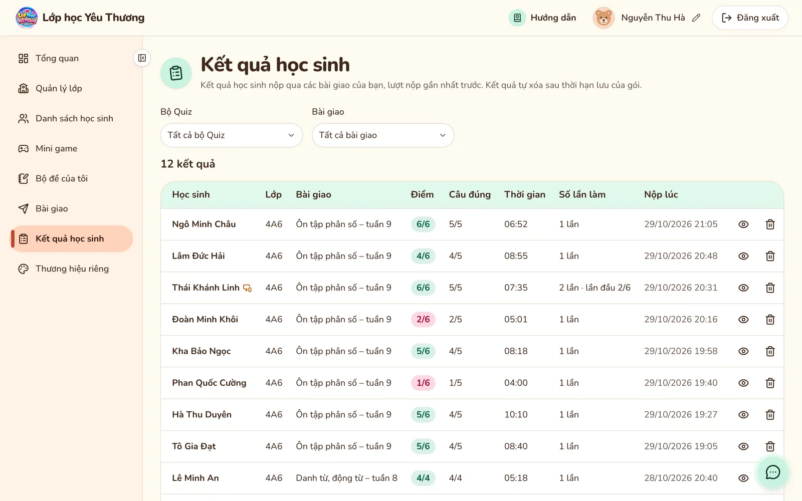 Trang Kết quả học sinh với 12 kết quả của lớp 4A6: tên, bài giao, điểm xanh hoặc hồng, số câu đúng, thời gian, số lần làm và giờ nộp.