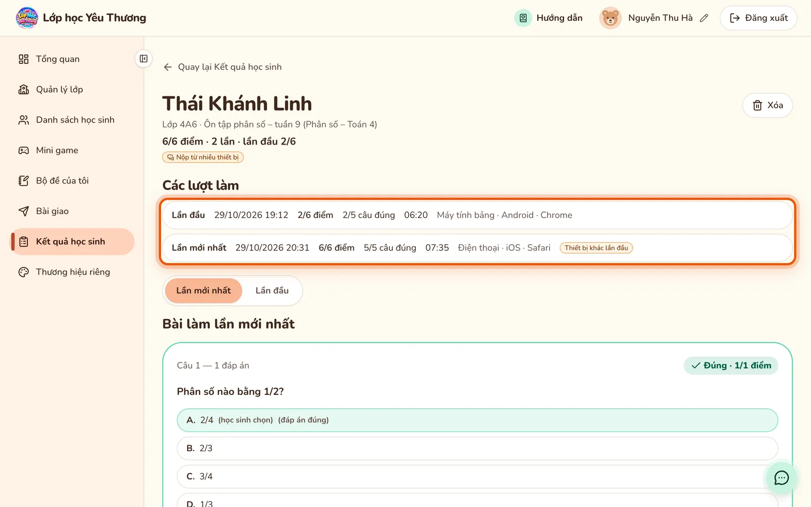 Bài làm của Thái Khánh Linh: 6/6 điểm, 2 lần, lần đầu 2/6; danh sách Các lượt làm với thiết bị của từng lần được khoanh.