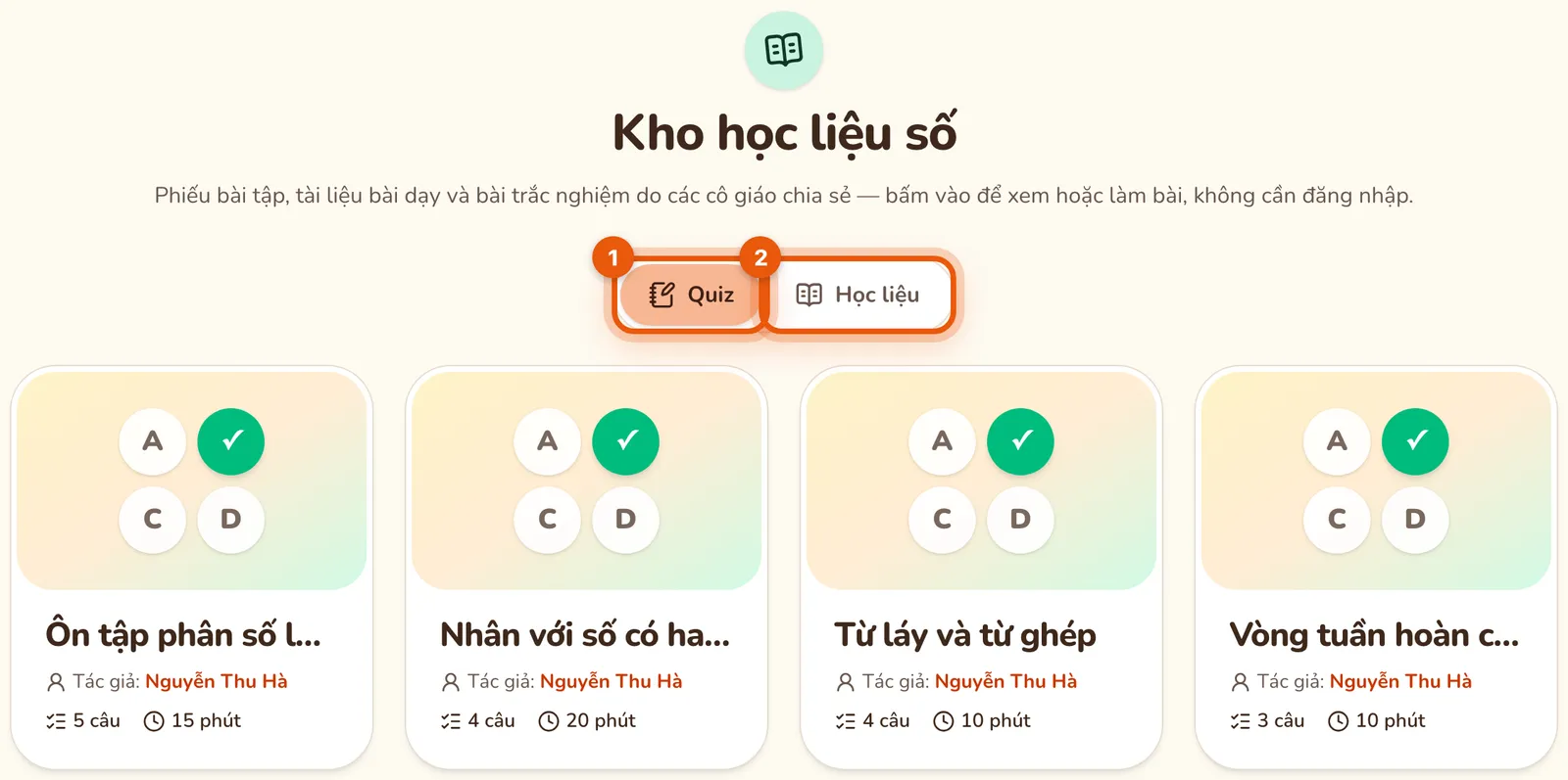 Mục Kho học liệu số trên trang chủ: hai thẻ Quiz (số 1) và Học liệu (số 2) được khoanh, bên dưới là bốn bài Quiz của tác giả Nguyễn Thu Hà.