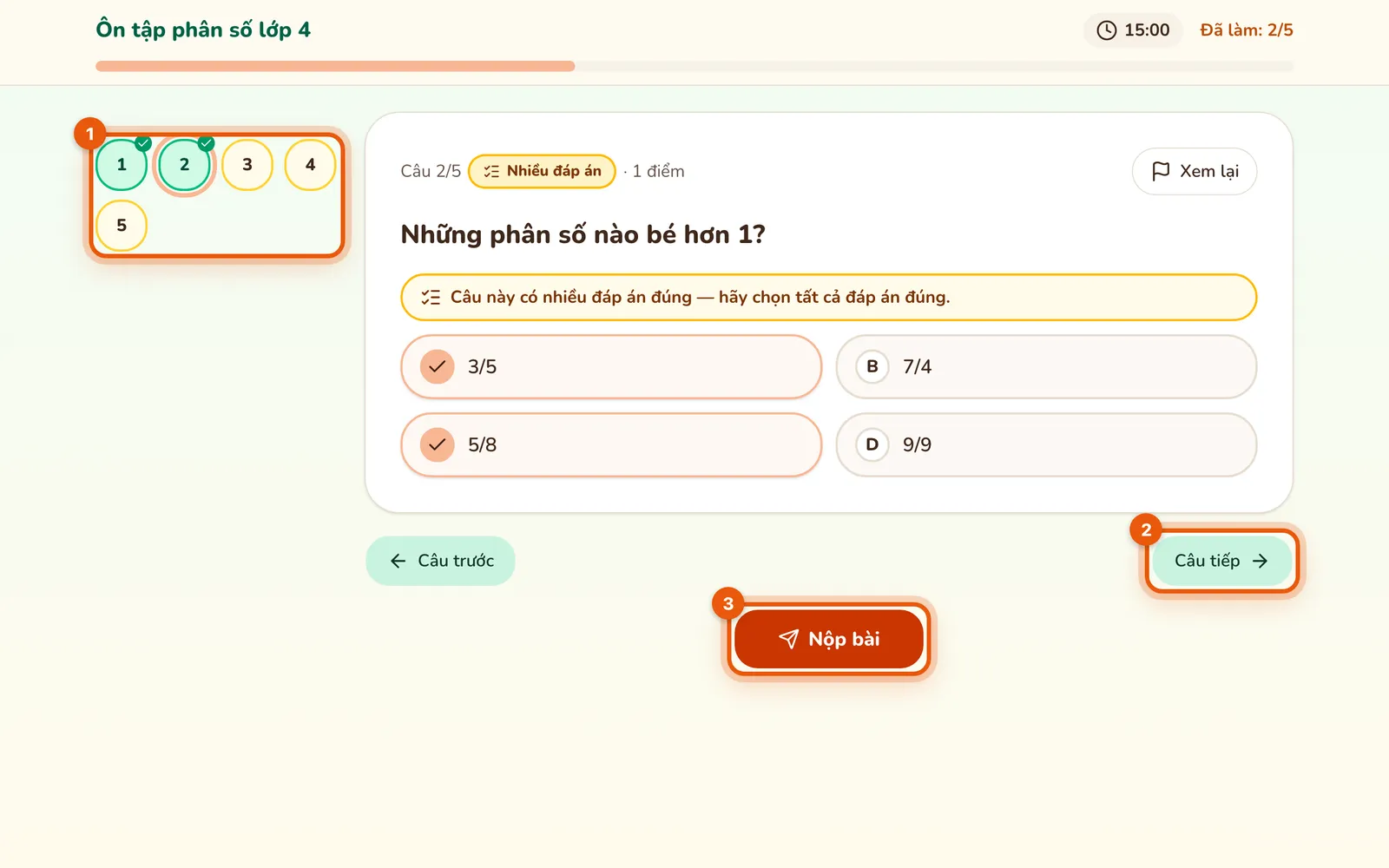 Đang làm câu 2/5 dạng Nhiều đáp án, đã chọn 3/5 và 5/8; các ô số câu (số 1), nút Câu tiếp (số 2) và Nộp bài (số 3) được khoanh.