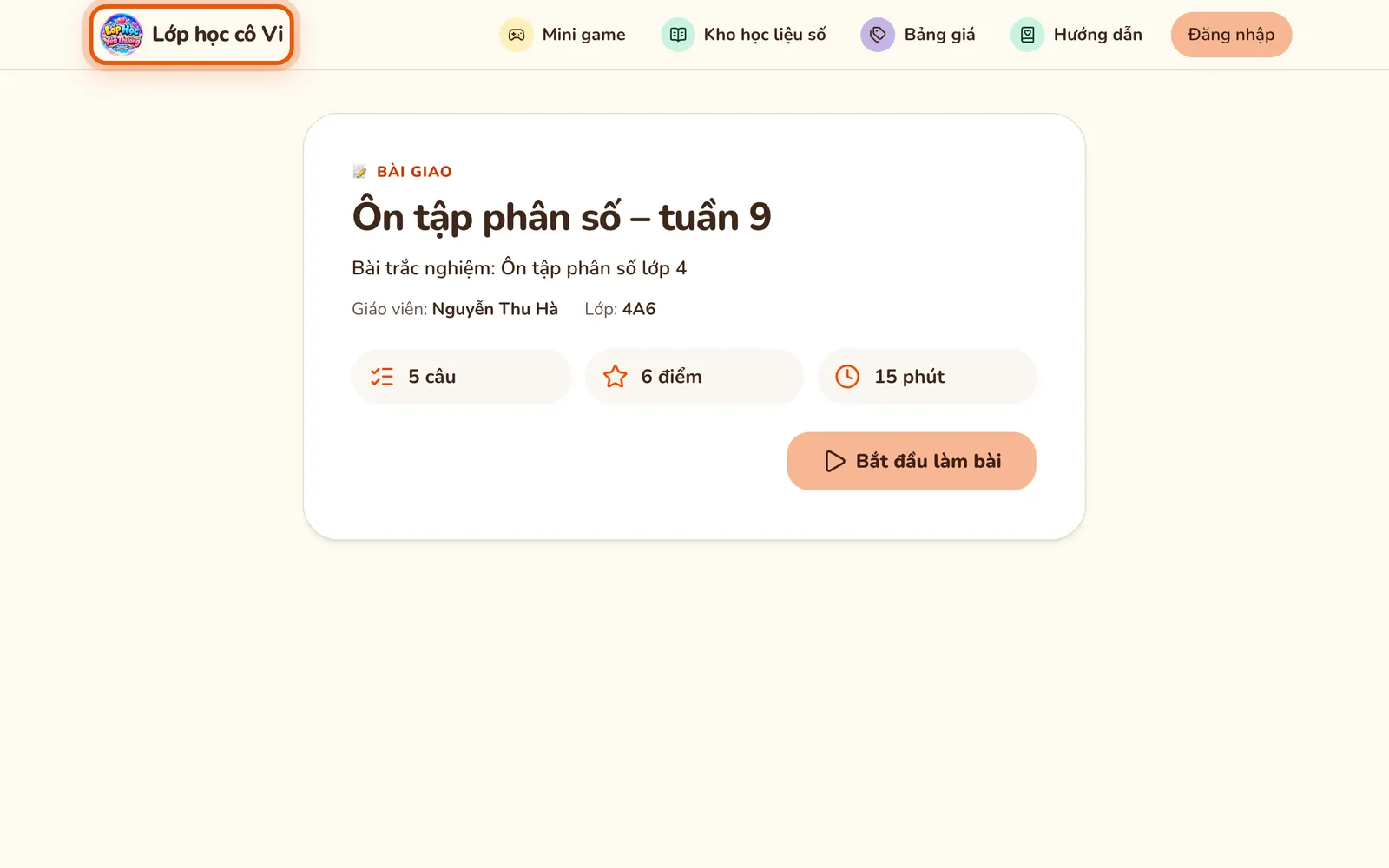 Trang làm bài giao Ôn tập phân số – tuần 9 của lớp 4A6, đầu trang ghi Lớp học cô Vi (được khoanh).