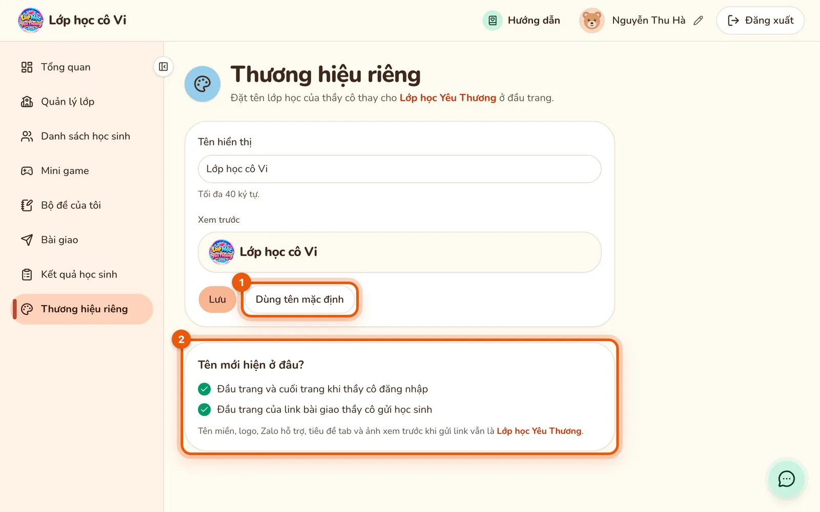 Trang Thương hiệu riêng đã lưu tên: nút Dùng tên mặc định (số 1) và mục Tên mới hiện ở đâu? (số 2) được khoanh.